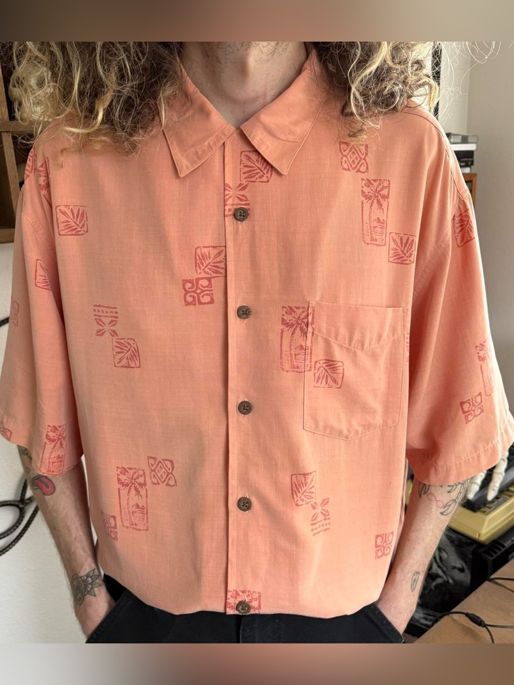 Vintage 2000s Quicksilver Orange Hawaiian Button Down S/S Shirt - Size Large